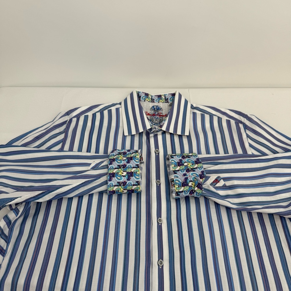 ROBERT GRAHAM Shipwreck Blue & White Stripes Button Up Shirt Sz 3XL Paisley